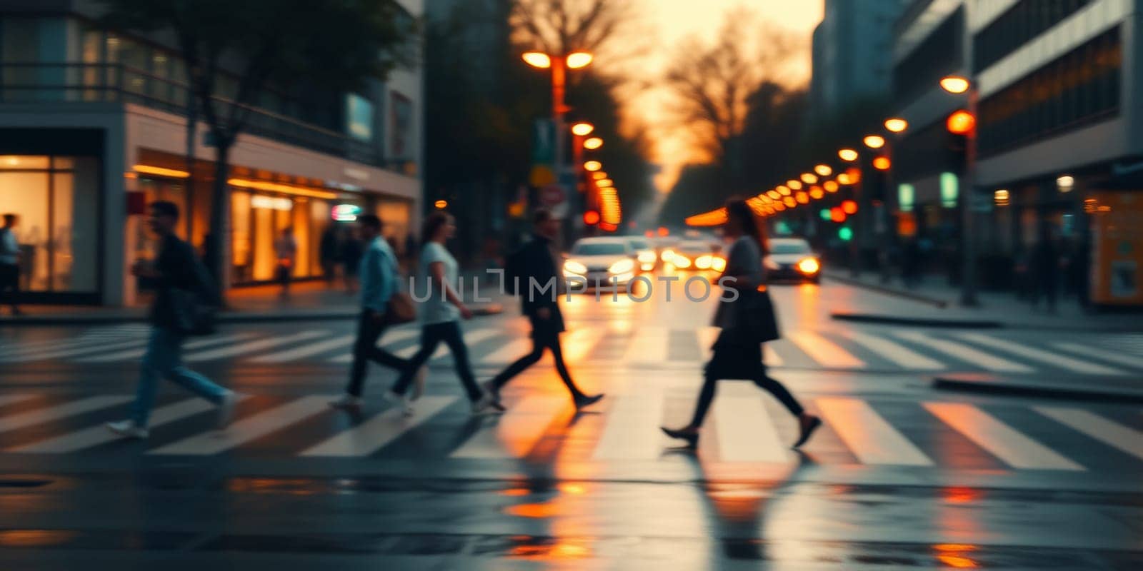 A lot of people walk along the pedestrian crossing during rush hour. High quality photo