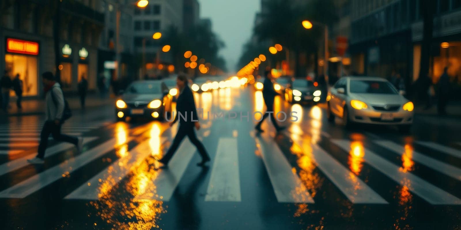 A lot of people walk along the pedestrian crossing during rush hour. High quality photo