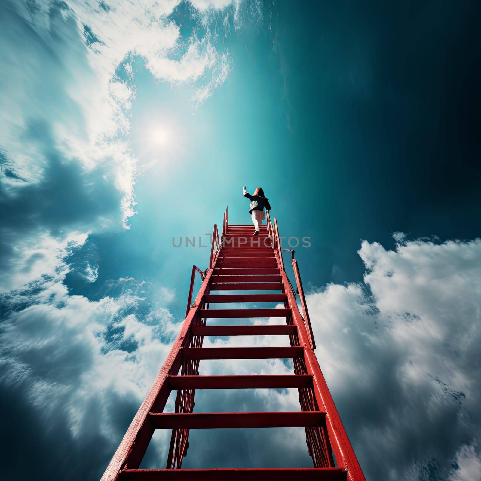 The red staircase leads up. Woman rises to her goal. High quality photo