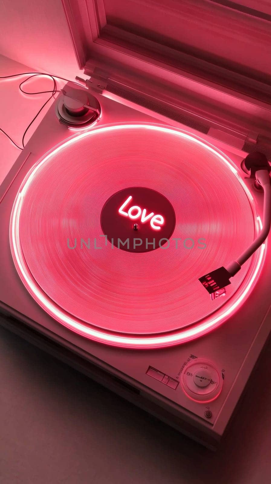 Close up shot of a record player with a vinyl record illuminated by neon lights. The center of the record displays the word 'Love', adding a thematic touch to the artistic composition.