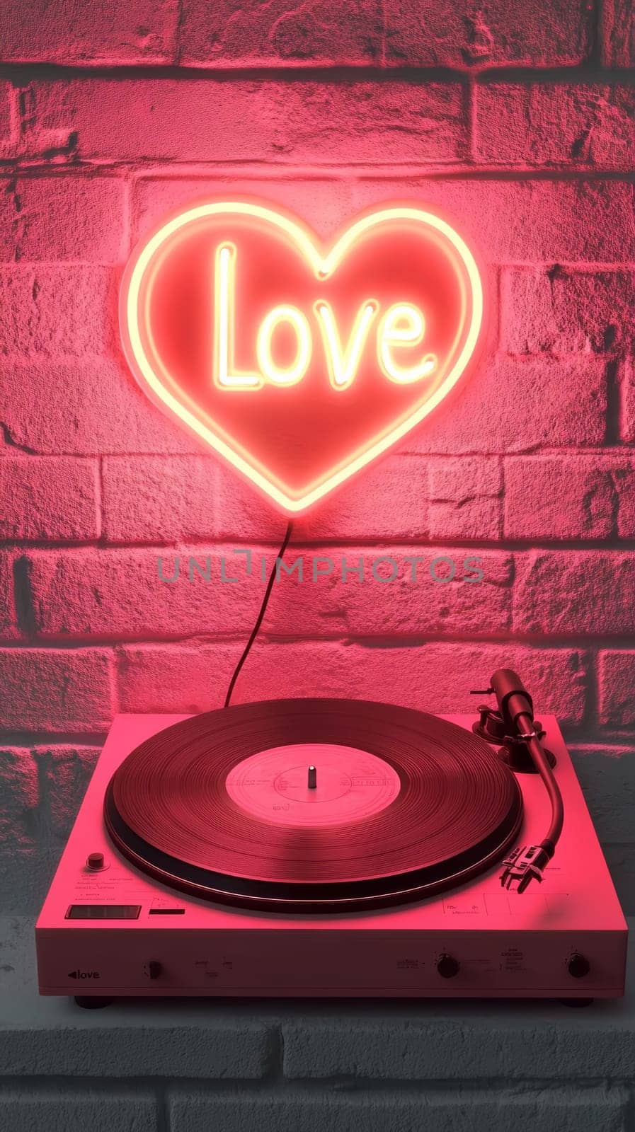A retro vinyl record player sits beneath a glowing heart sign displaying the word 'Love' against a textured brick wall, bathed in a warm, pink light, creating a nostalgic and romantic atmosphere.