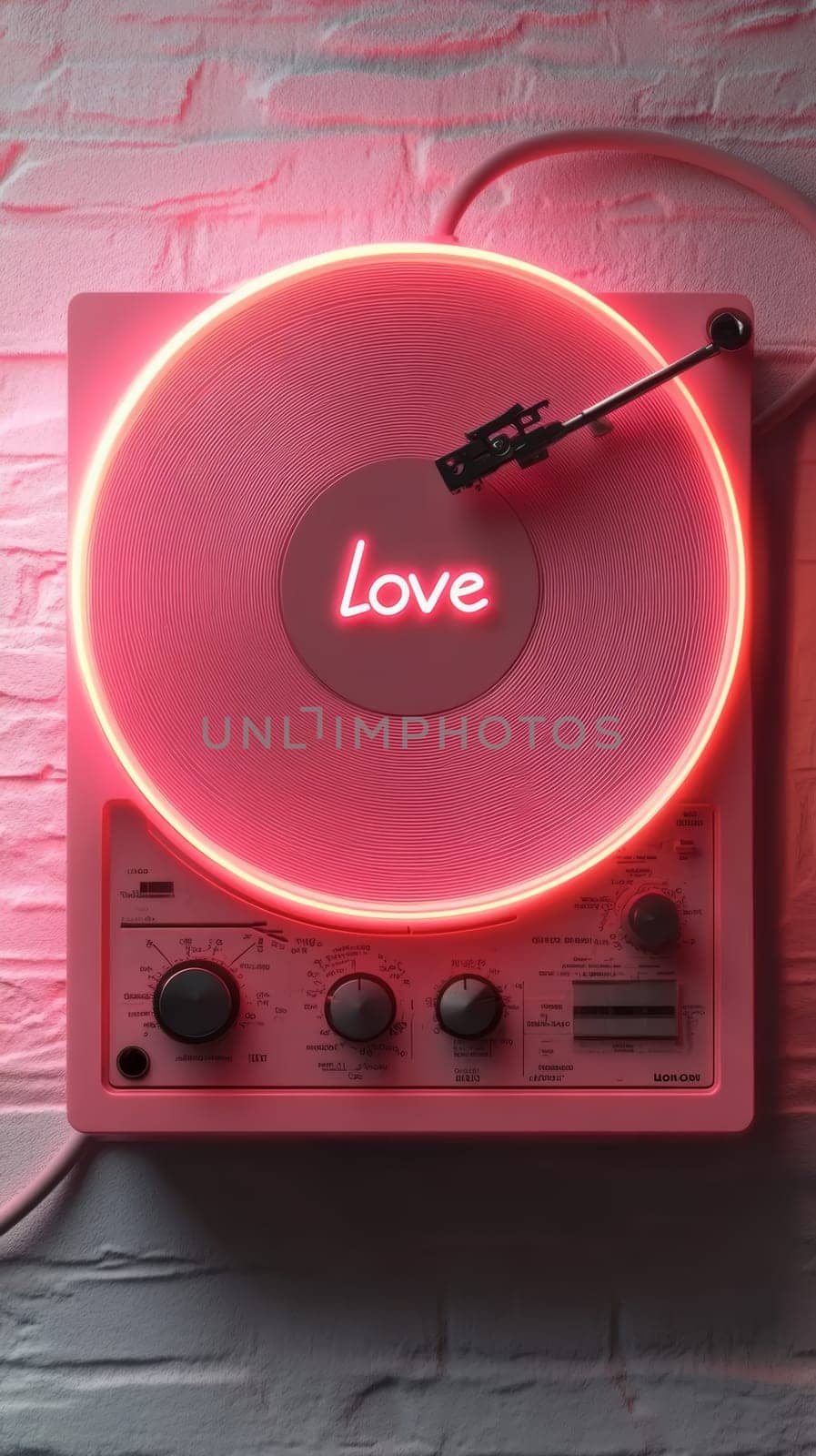 A retro-style pink record player is featured against a textured backdrop. The turntable has a matching pink vinyl record with a neon-style 'Love' displayed in the center.