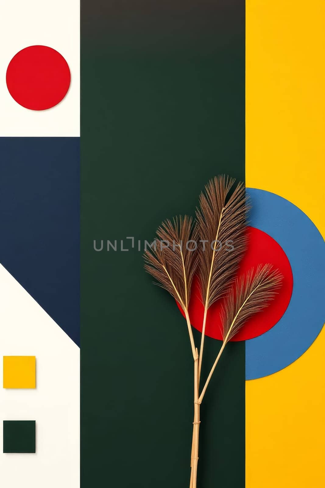 An artful arrangement featuring geometric shapes in yellow, green, blue, and red, balanced with the natural texture of dried foliage, all set against a backdrop of clean lines and solid colors.