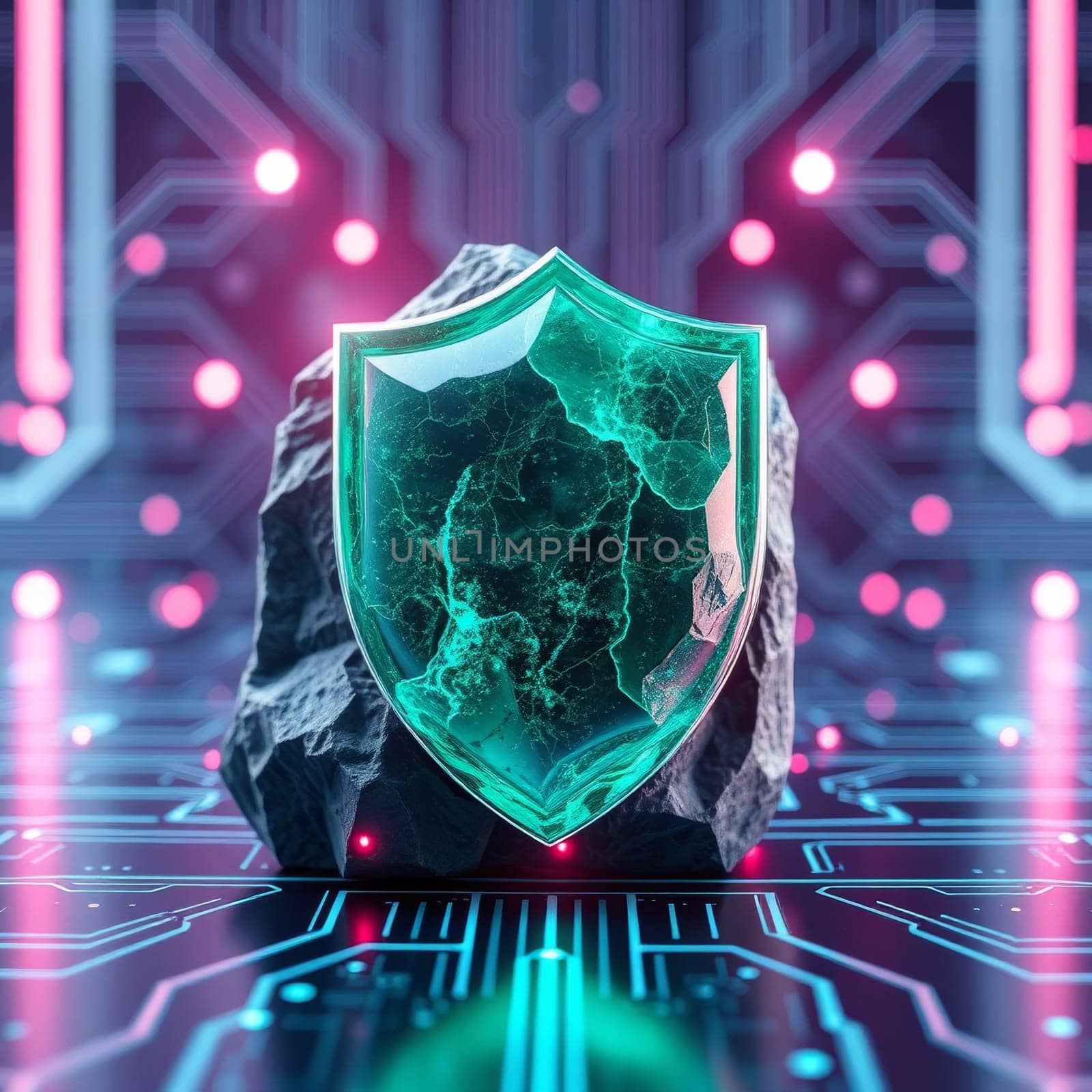 A luminous emerald green shield, symbolizing digital protection, sits atop a rugged stone. Beneath, a vibrant circuit board design enhances the futuristic theme, underlining data security.