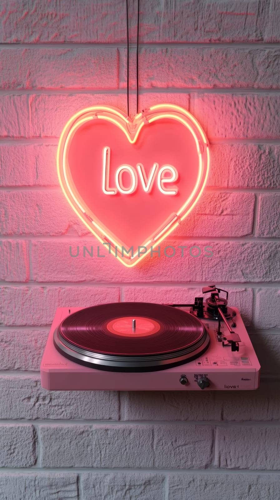 This scene presents a heart-shaped neon light glowing above a record player set against a textured brick wall. The monochromatic pink color scheme emphasizes the themes of love and retro.