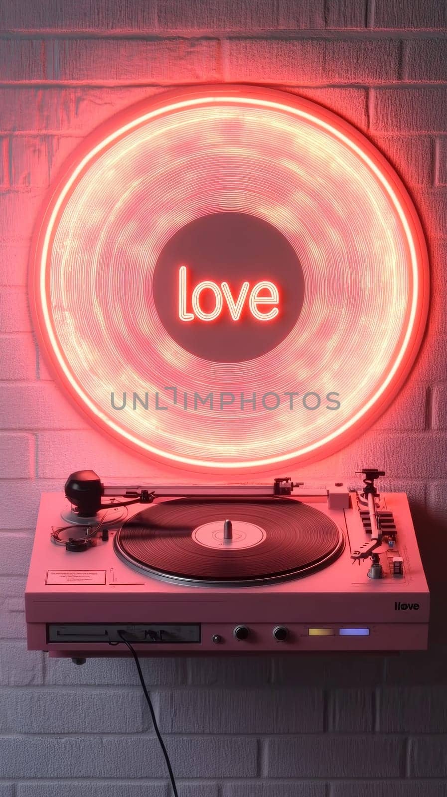Retro meets romance! This image features a pink vintage record player beneath a neon art piece spelling "Love," creating a dreamy atmosphere. The textured brick wall adds a cool, modern vibe.