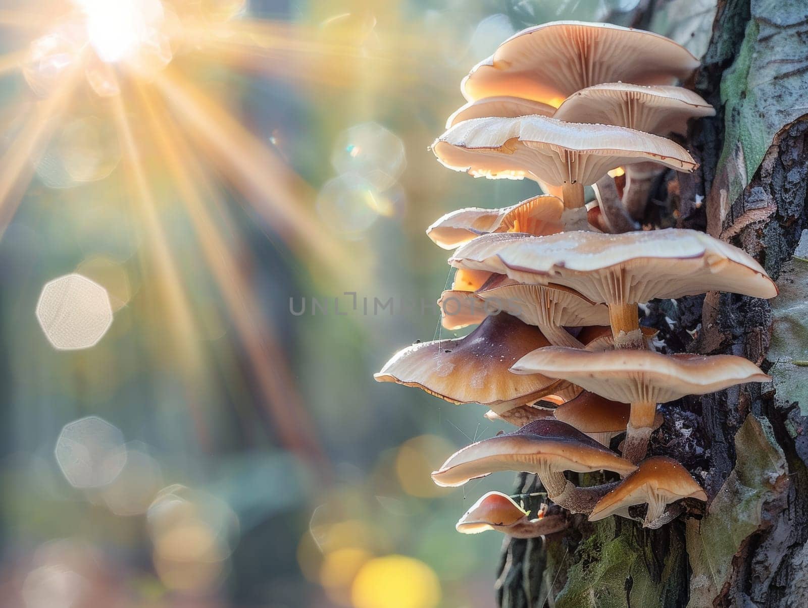 Close-up of mushrooms on a tree trunk, showcasing their unique structure in the forest. Sunlight streams through the trees creating bokeh highlights, enhancing the natural setting.