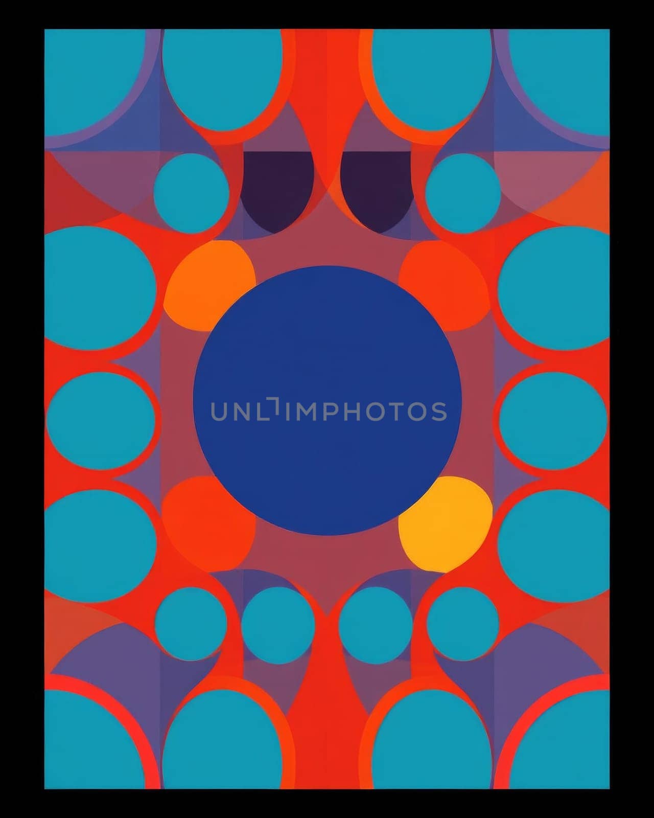 A striking abstract design features a harmonious blend of geometric shapes, predominantly circles, in a vivid color palette of blues, oranges, and reds. The arrangement offers visual depth and symmetry.