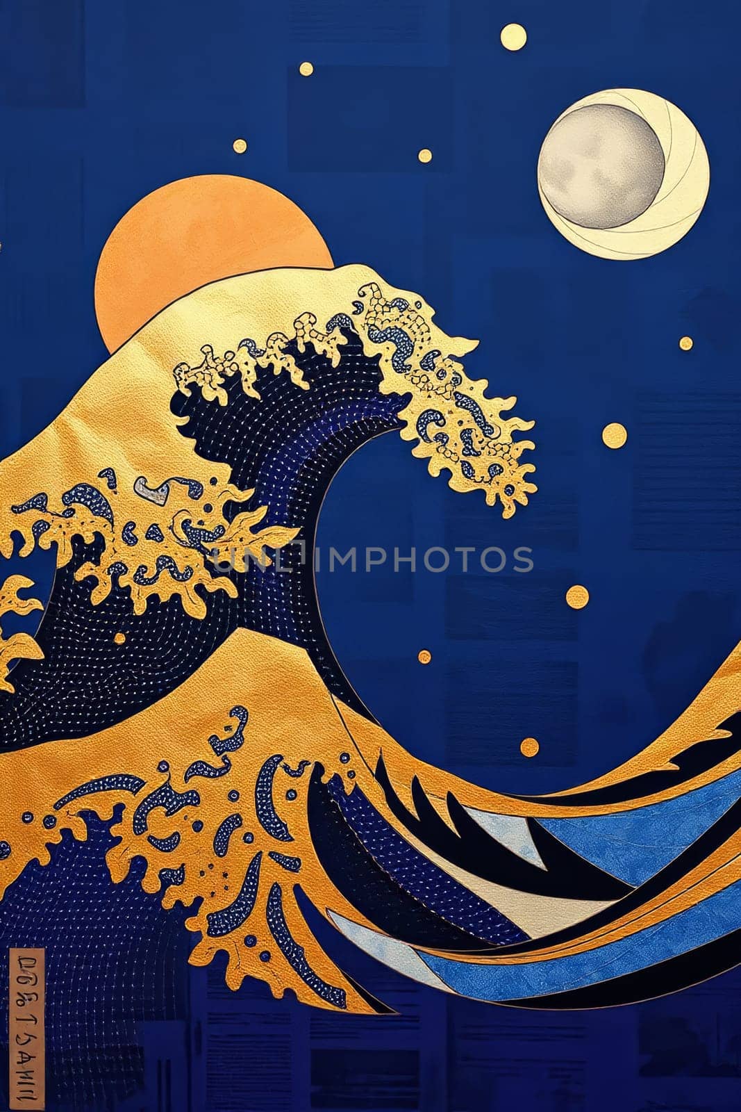 A stylized illustration features a large, golden wave curling under a sun and moon on a deep blue background. Ornate details adorn the water, and subtle square patterns enrich the backdrop.
