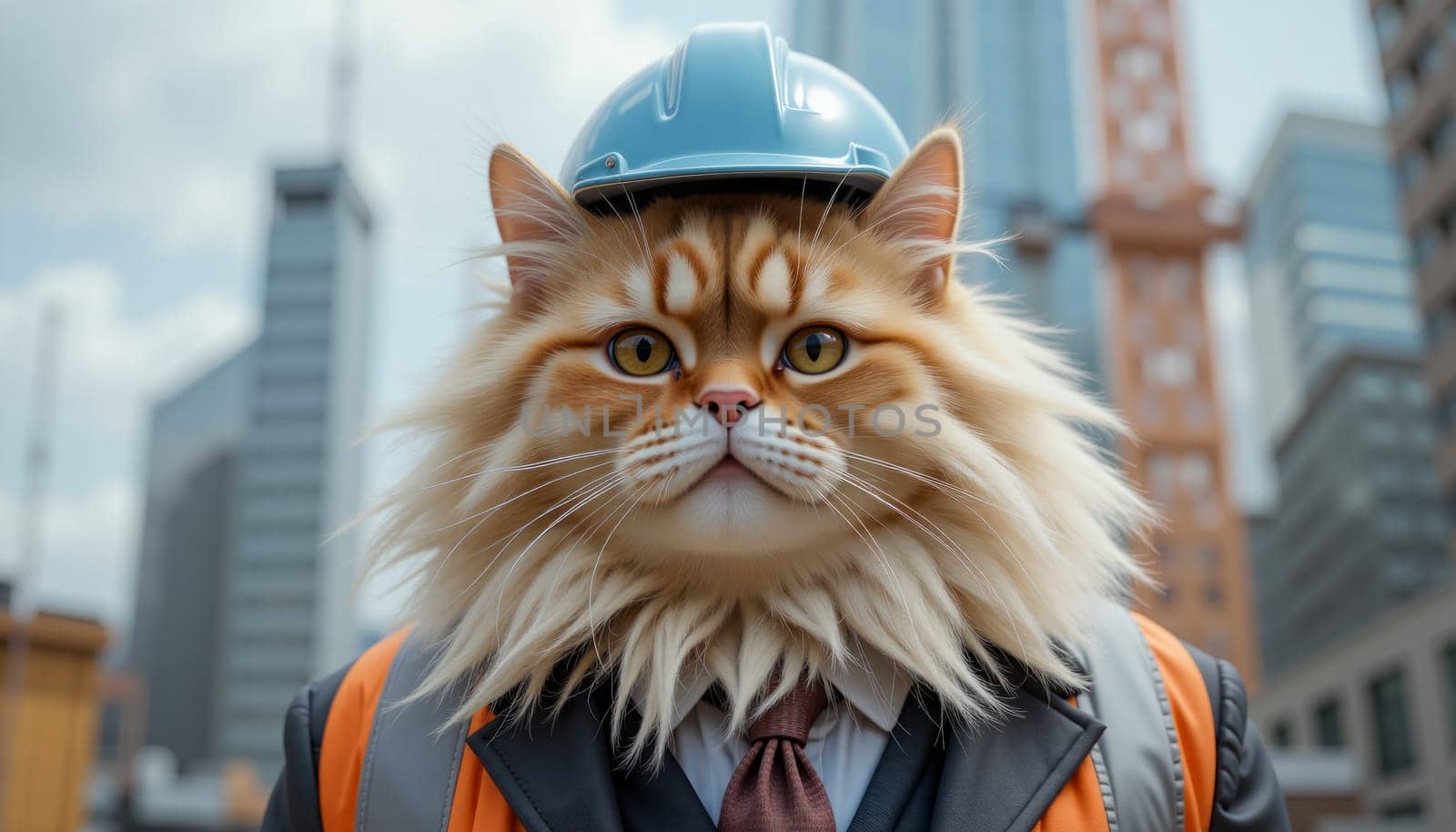 A cat wearing a hard hat and a suit is standing in front of a building. The cat's fur is long and fluffy, and it has a tie around its neck. The image has a playful and whimsical mood