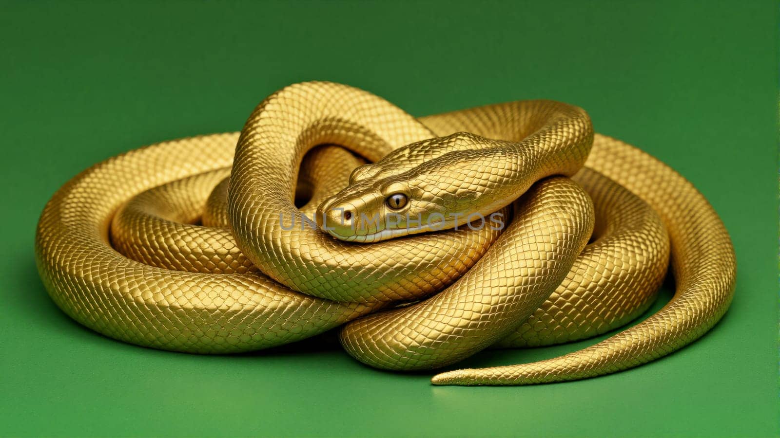 A gold colored snake is curled up on a green surface. The snake is curled up in a way that makes it look like it is sleeping