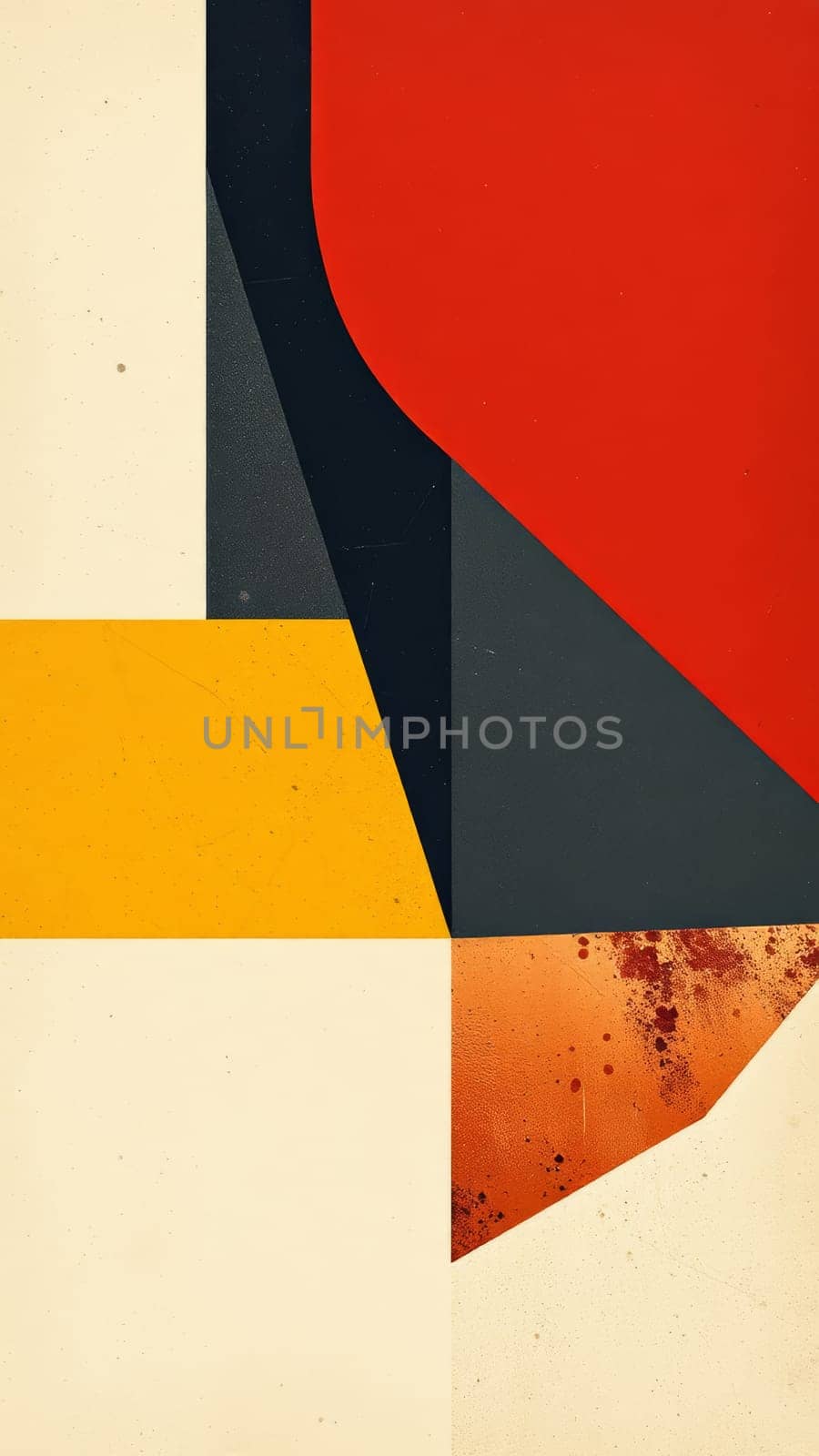 An abstract composition featuring bold geometric shapes in red, yellow, black, and orange. The minimalist design incorporates clean lines and color blocking to create a visually striking image.