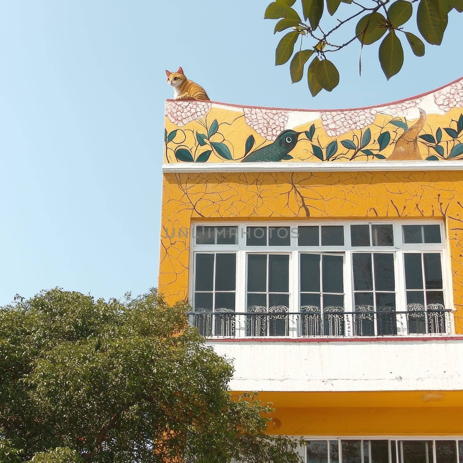 A ginger cat perches on the decorative roof of a yellow building. Ornate paintings of plants and birds adorn the building, framed by a sunny sky and verdant trees below.