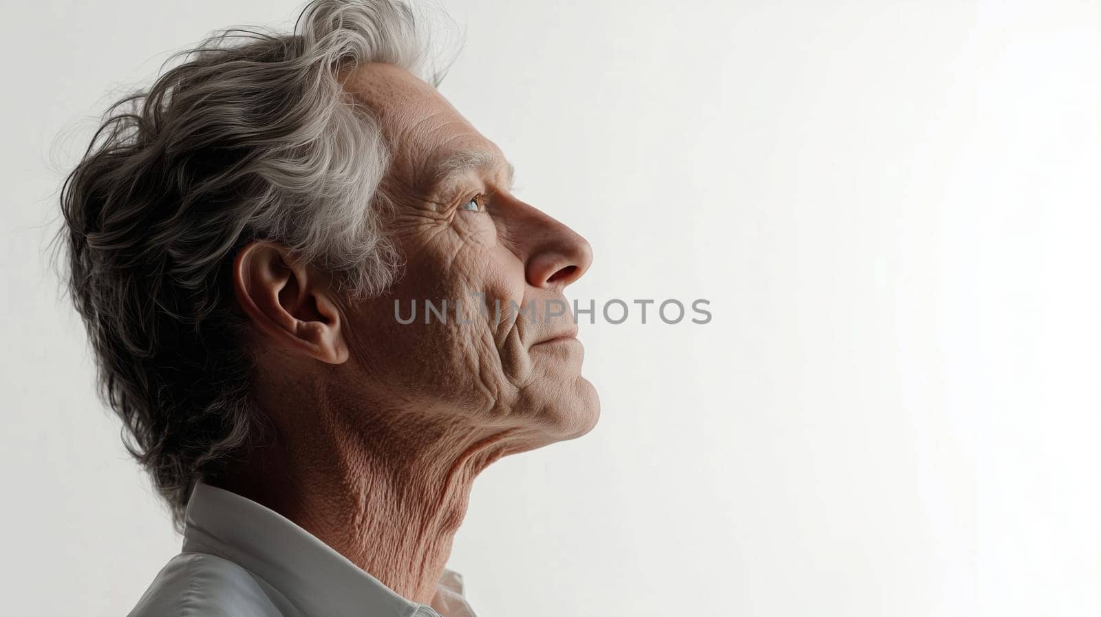 Close-up portrait of elderly man with wrinkles, old skin, profile, looking away, gray hair, side view, on white background