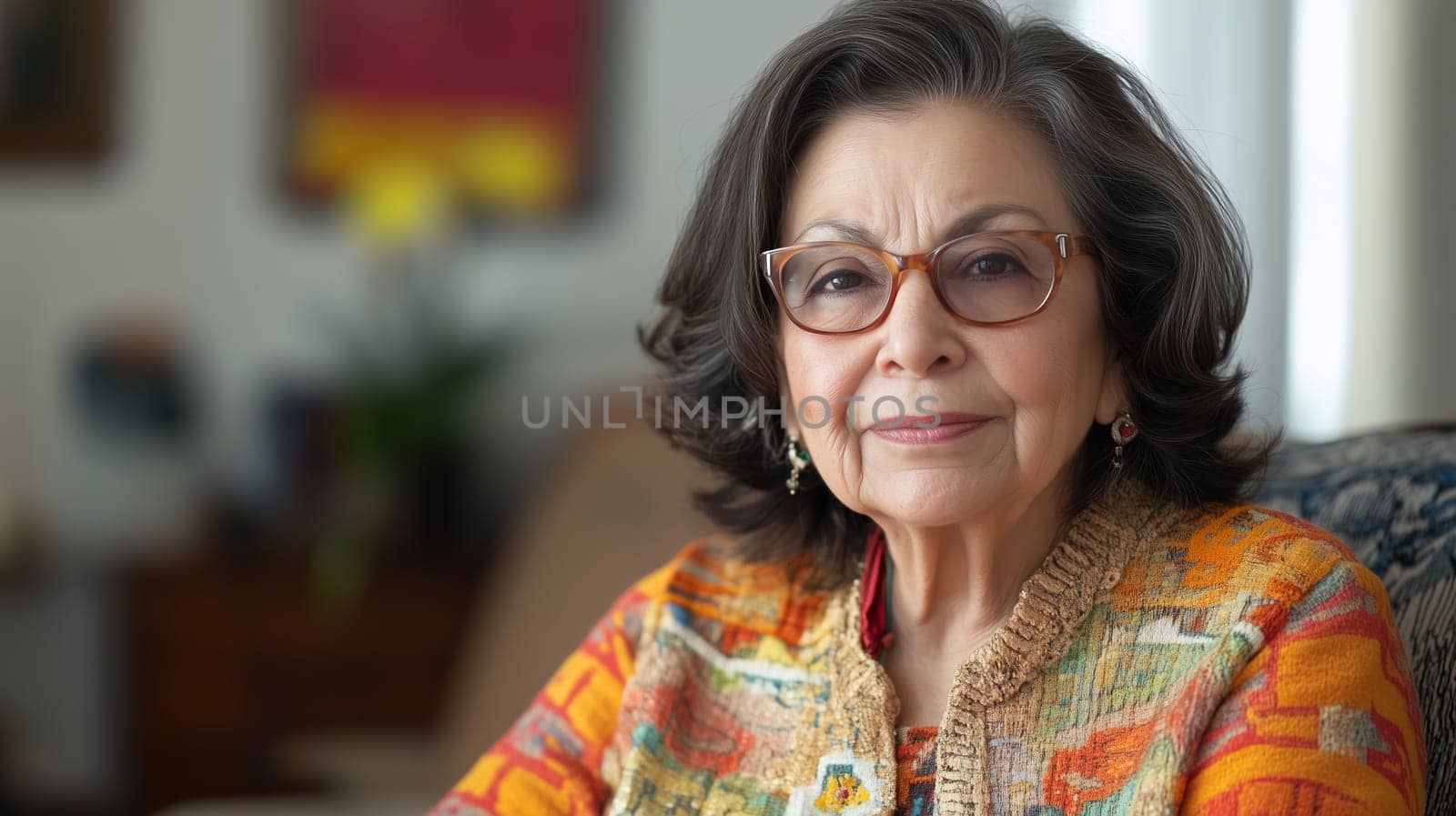 Portrait of senior Hispanic woman with glasses sitting at home or nursing home, looking at camera