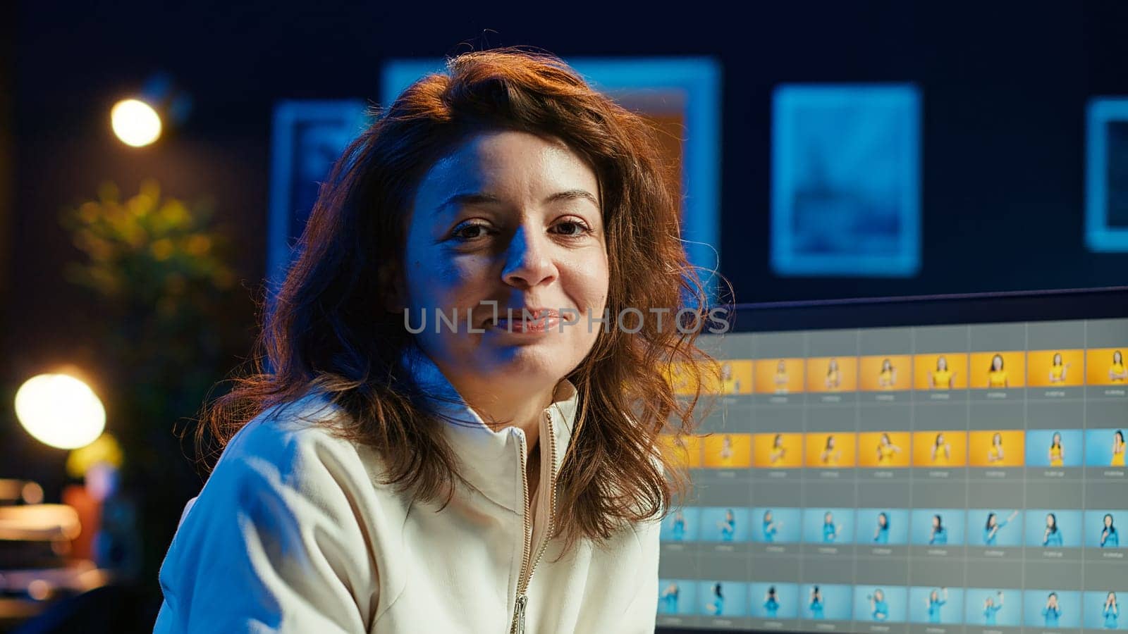 Portrait of happy photo editor color correcting photographs in creative studio next to cup of coffee on desk. Joyous photographer selecting best pictures for editorial content, camera A