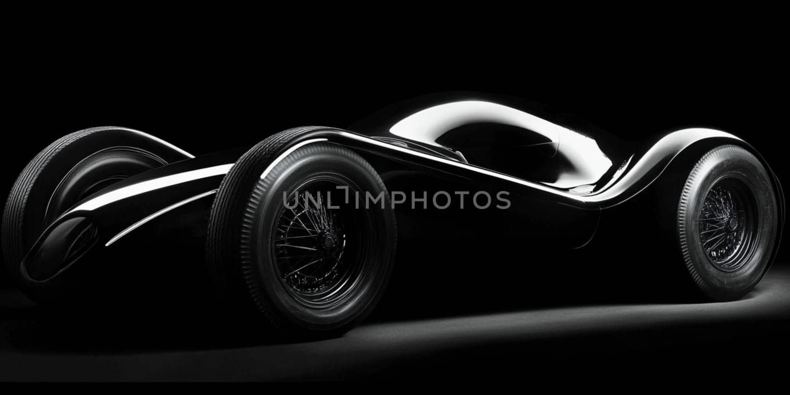 Black vintage car with its sleek design and polished exterior is standing still under studio lights. The car's timeless elegance is highlighted by the play of light and shadow