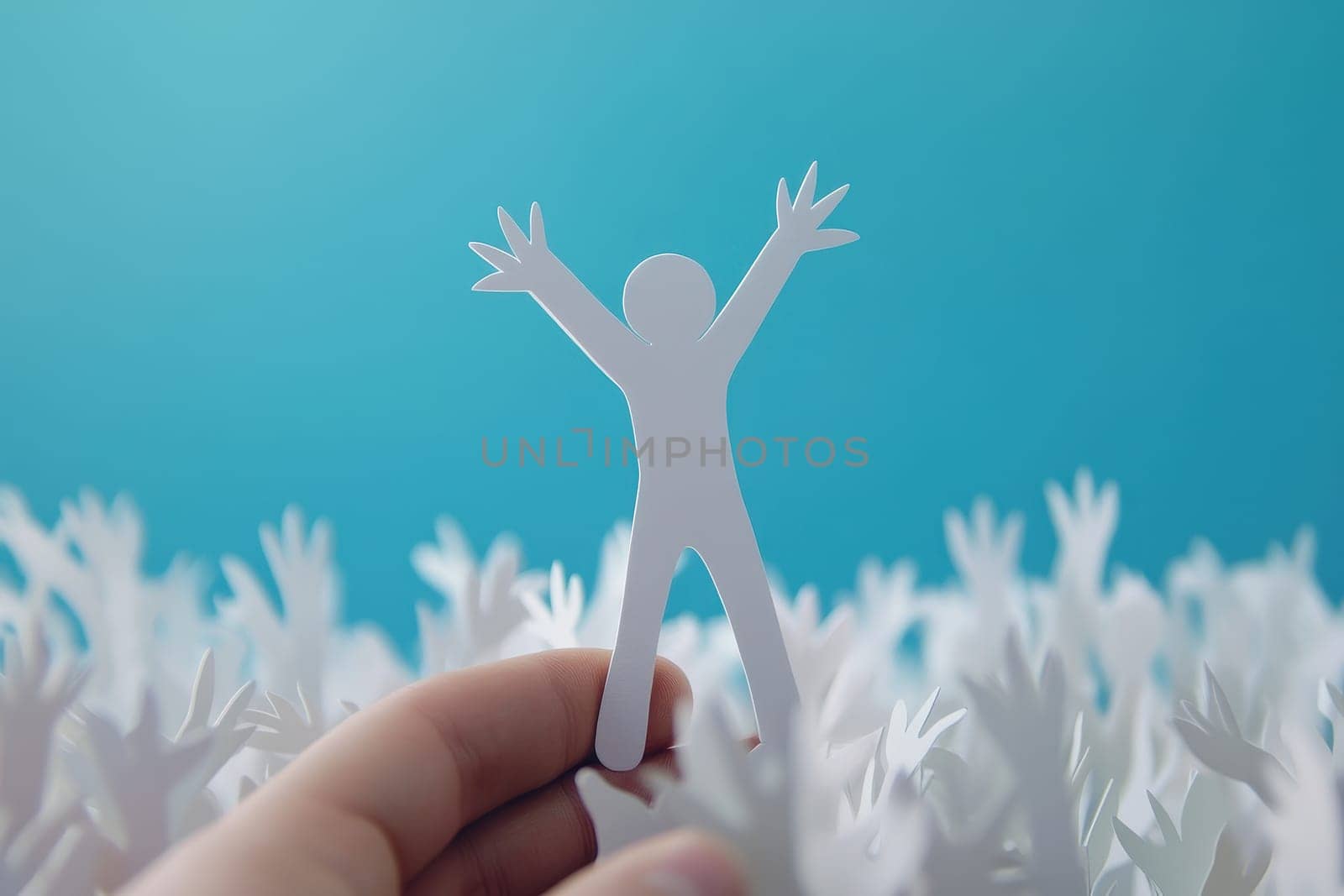 A handmade cutout of a human figure is being lifted by a hand amidst a sea of white paper hands, symbolizing support and joy against a vibrant blue background.