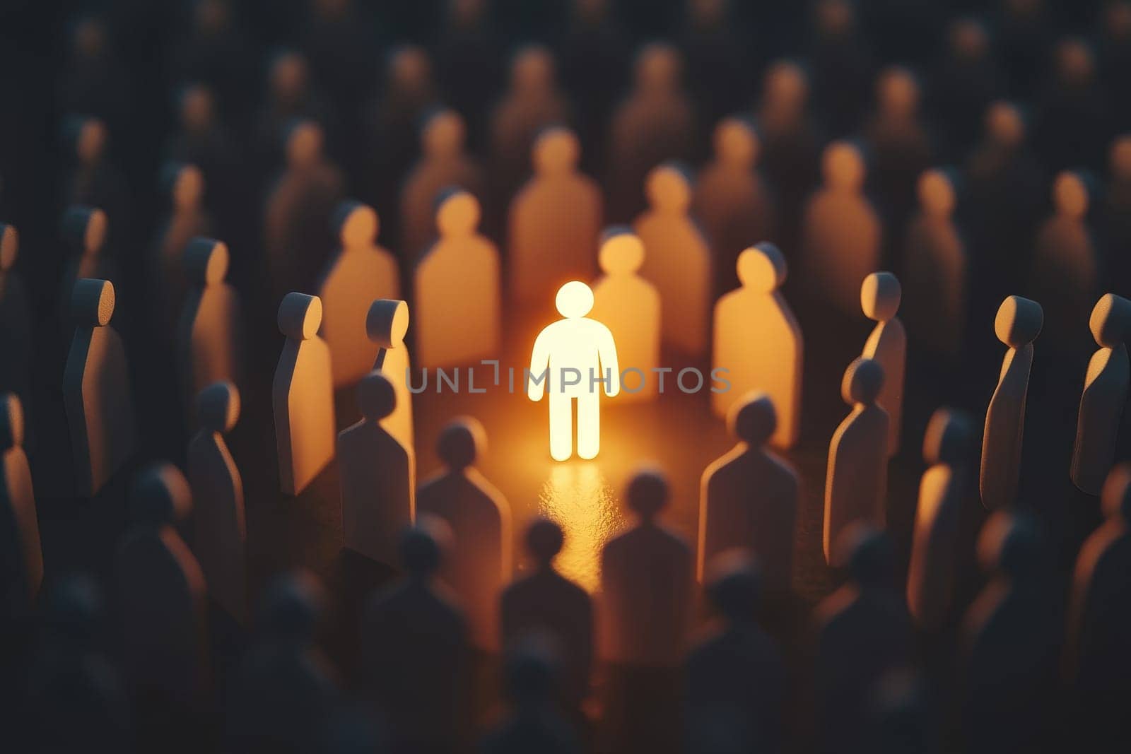 This captivating image depicts a unique bright human figure glowing among transparent silhouettes in a dark space, representing individuality and connection.