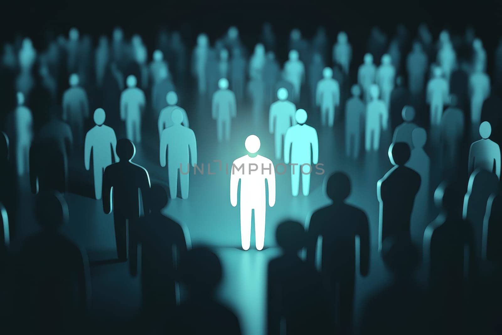 This abstract image features a unique bright human figure standing out among a crowd of transparent silhouettes. The contrast creates an intriguing visual effect.