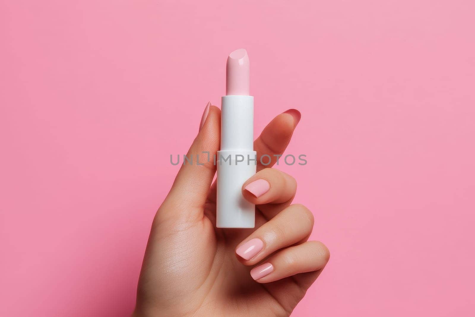 A close-up shot of an elegant hand holding pink lipstick against a soft pink backdrop, perfect for showcasing beauty aesthetics, fashion trends, and cosmetic products.