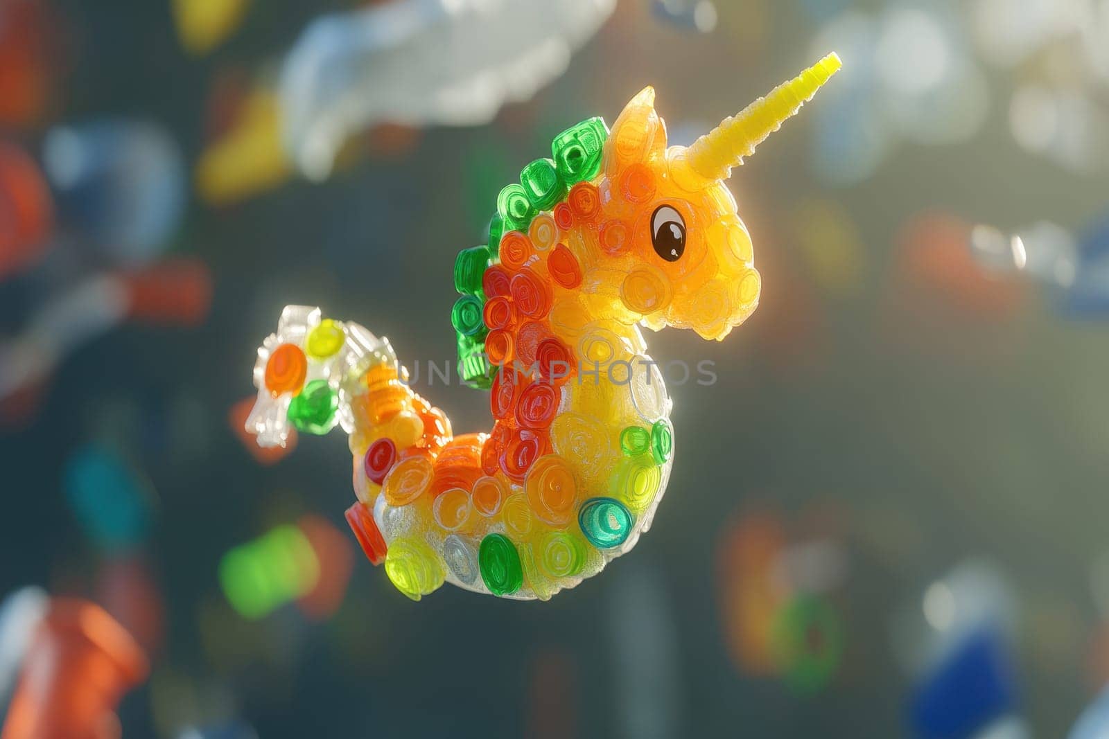 A whimsical plastic sea horse floats gently, illuminated by sunlight, amid a colorful ocean of bottles and debris, showcasing the importance of environmental awareness.
