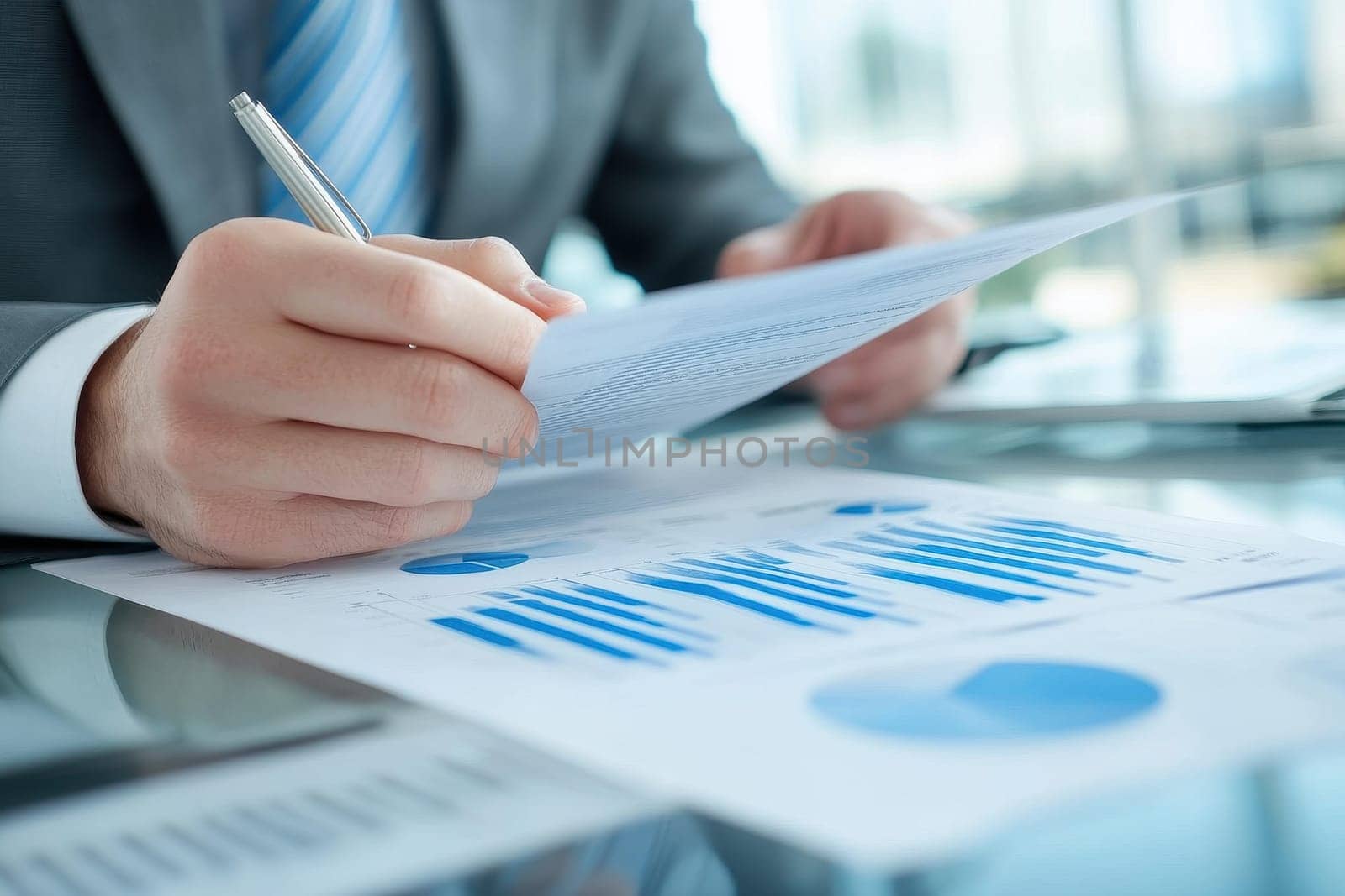 A professional recruiter examines business reports in a modern office setting, showcasing focus and analysis for informed decision-making and successful outcomes.