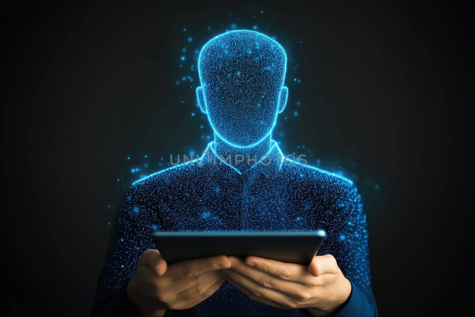 A recruiter displays data on a tablet in a dark environment, with glowing digital effects enhancing the professional atmosphere of information exchange.
