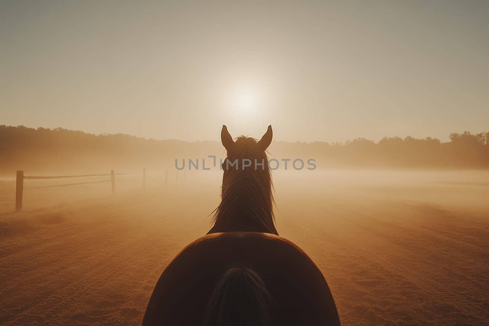 A tranquil scene of a horse standing in a misty valley at sunrise, with soft light creating an atmospheric and serene mood, ideal for nature lovers.