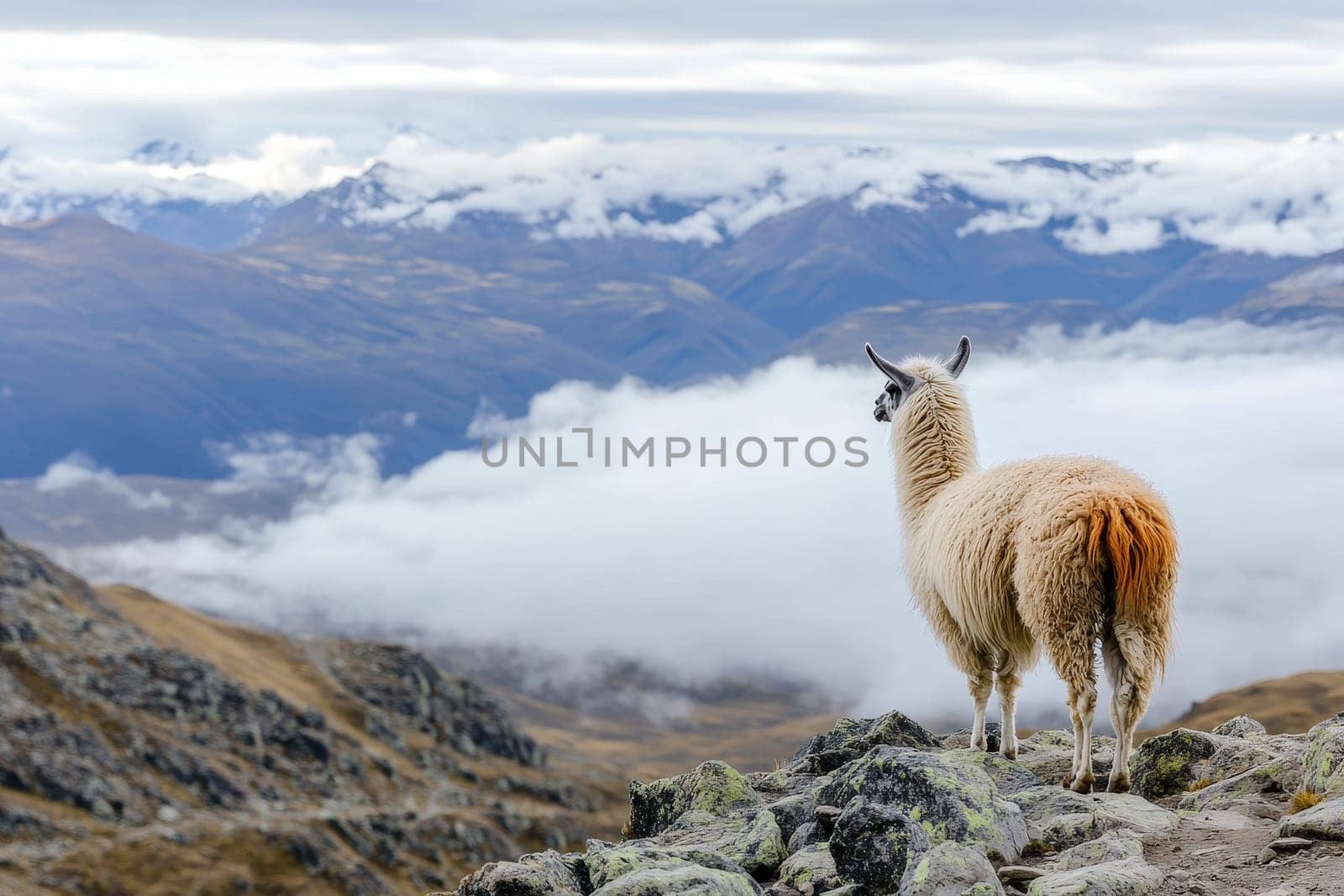 A llama stands gracefully on rocky terrain, gazing at a breathtaking mountainous view filled with clouds. This serene outdoor scene captures the essence of nature's beauty and tranquility.