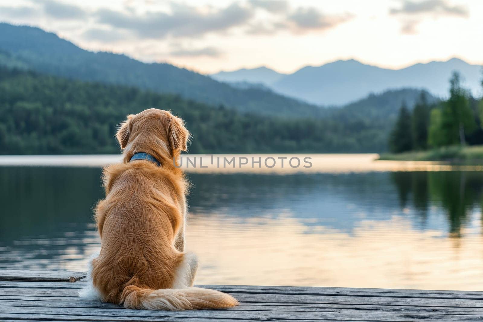 A fluffy golden retriever sits peacefully on a dock, gazing at the serene lake and majestic mountains at sunrise, creating a tranquil and beautiful scene.