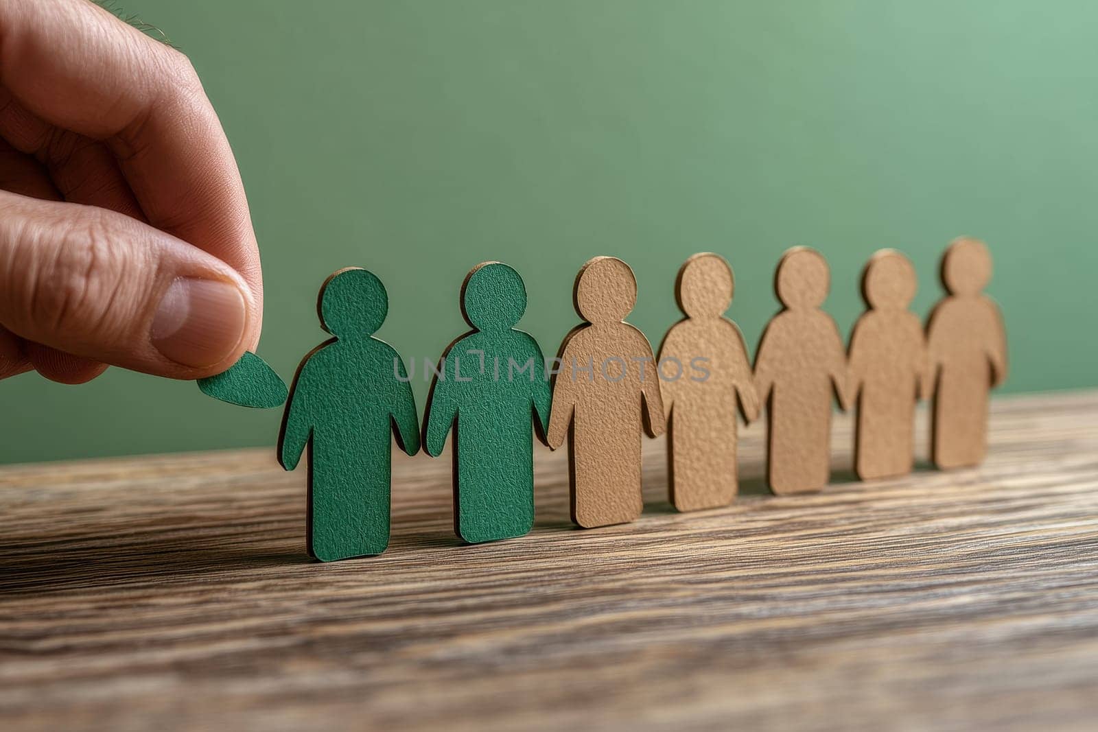 A hand lifts a paper cutout of a human figure, symbolizing teamwork and connection. The unique design contrasts against a green background, showcasing creativity.