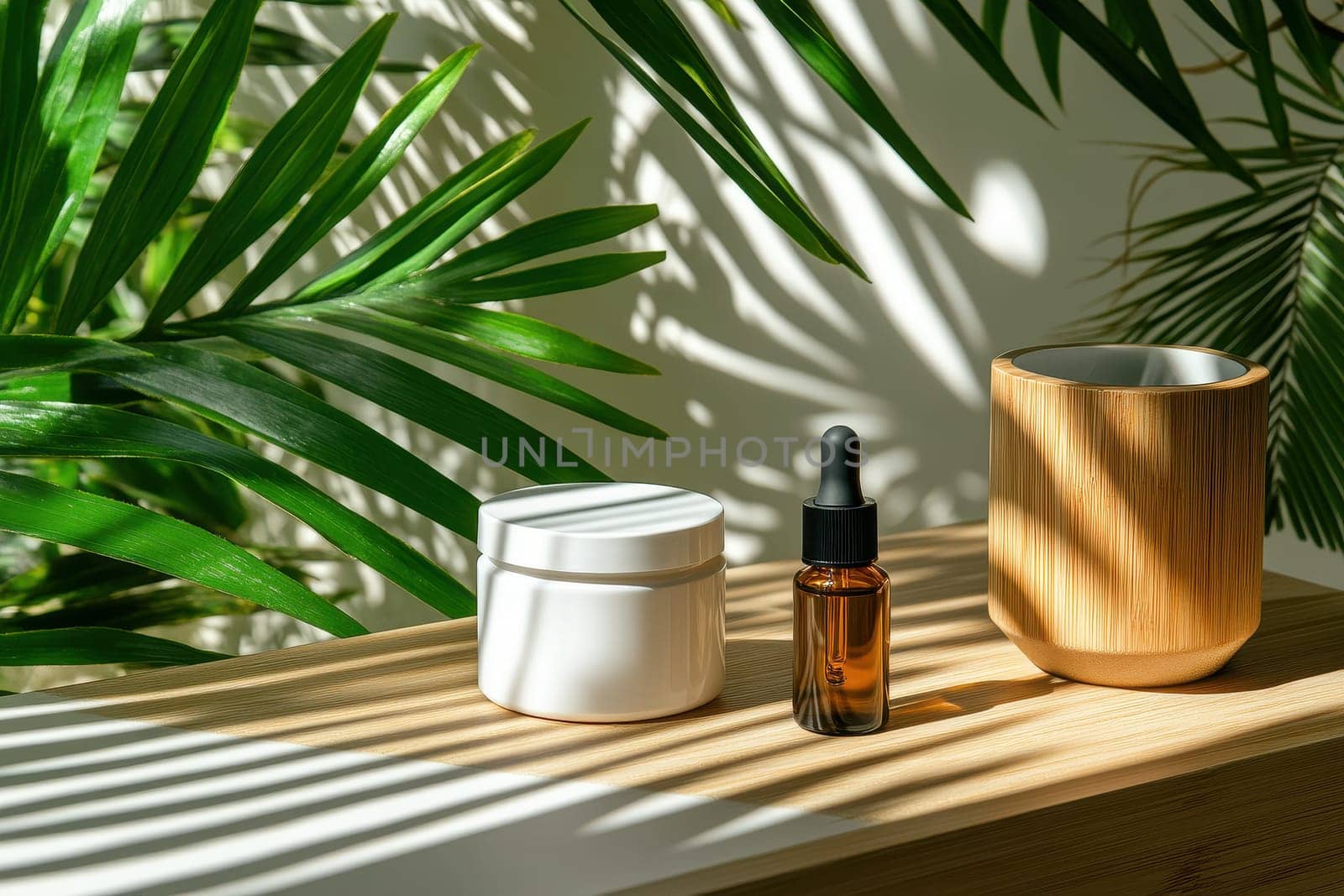 A contemporary beauty mockup showcasing skin care products amidst lush greenery, highlighting a serene and elegant indoor atmosphere perfect for wellness and relaxation.