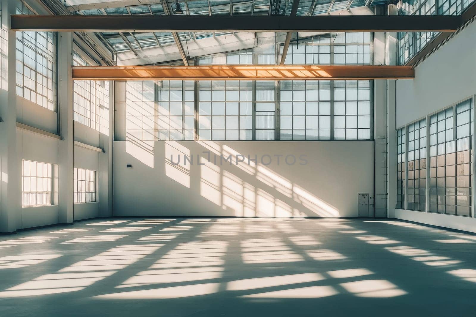 A spacious and empty industrial warehouse featuring large windows that allow natural light to illuminate the interior. The play of shadows creates an intriguing atmosphere ideal for creative projects.
