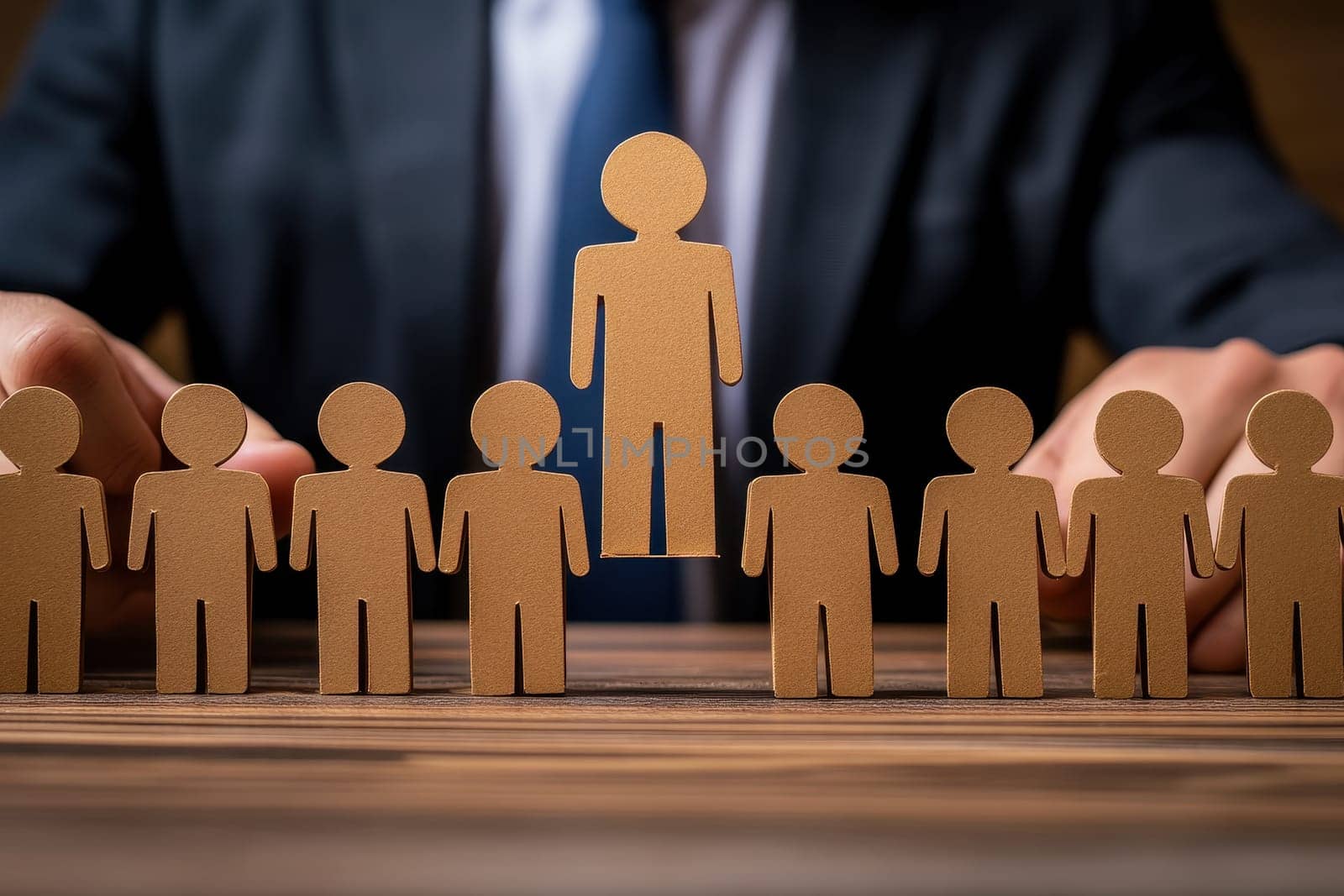 A cutout of a human figure is being lifted above others in a professional setting, symbolizing leadership, inspiration, and teamwork in a corporate environment.