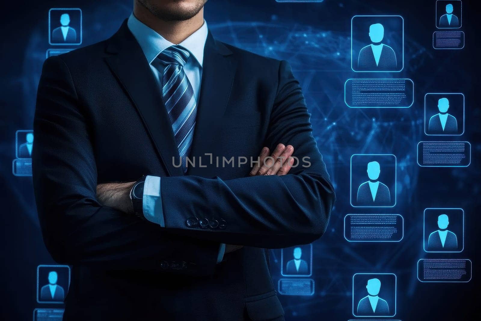 A professional recruiter stands confidently with arms crossed in a business meeting setting, showcasing digital connections on a virtual background. Ideal for themes of recruitment and networking.