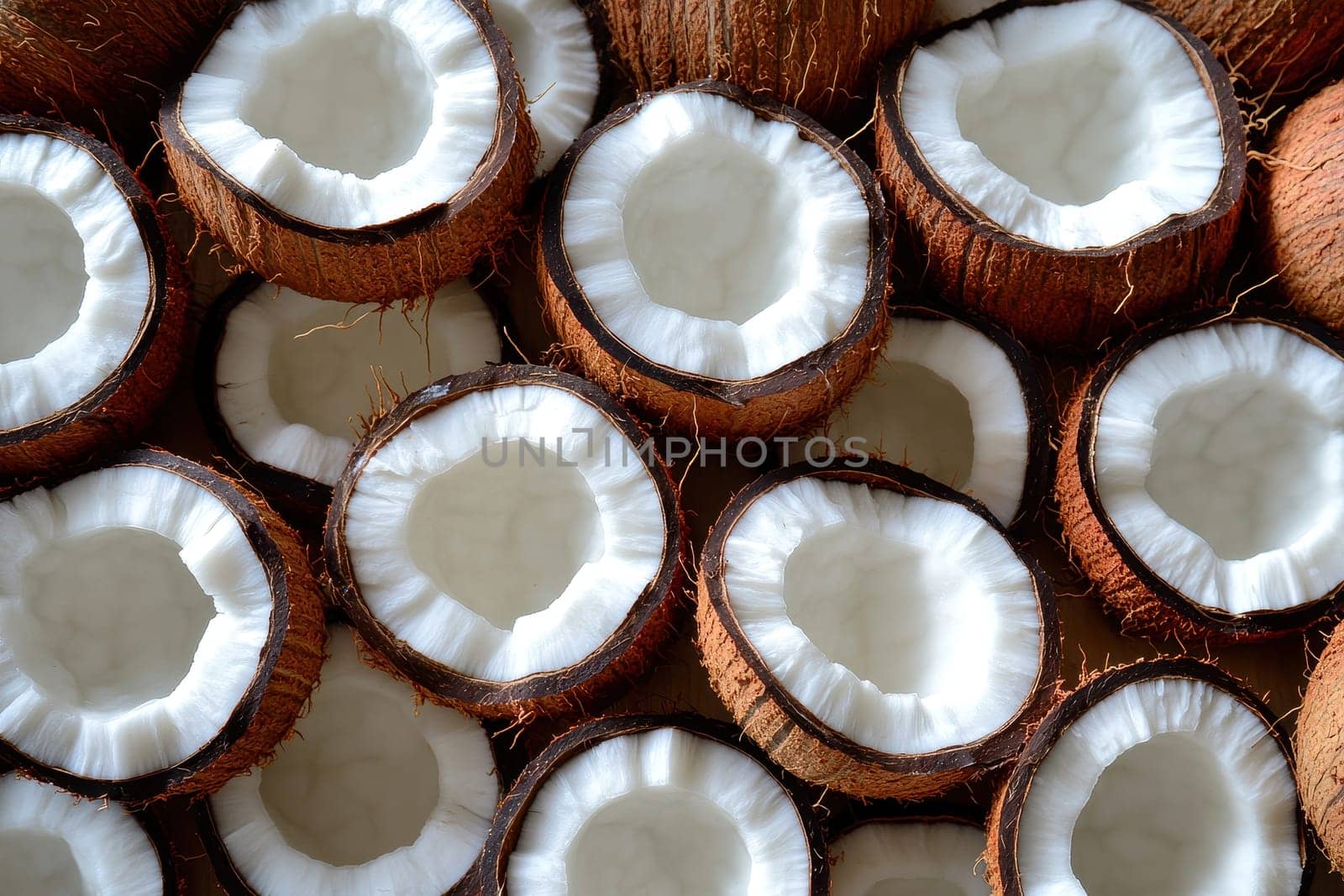 A stunning full-screen arrangement of thick cut coconut shells showcases their natural textures in a simple yet striking composition. Ideal for wallpaper use.