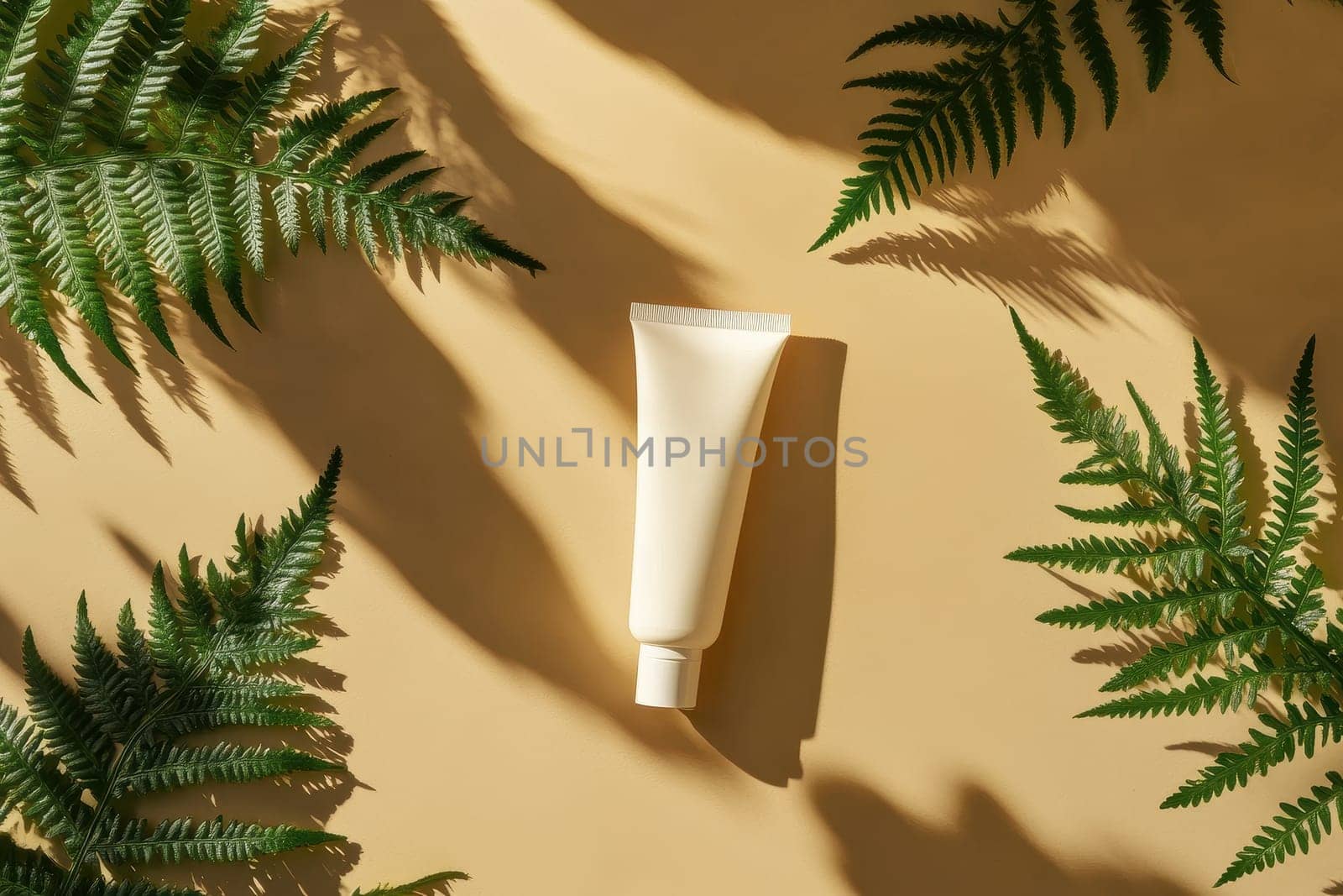 This vibrant still life features a white plastic tube centered among lush green fern leaves. The soft sunlight casts gentle shadows, creating a fresh and clean aesthetic perfect for beauty or lifestyle themes.