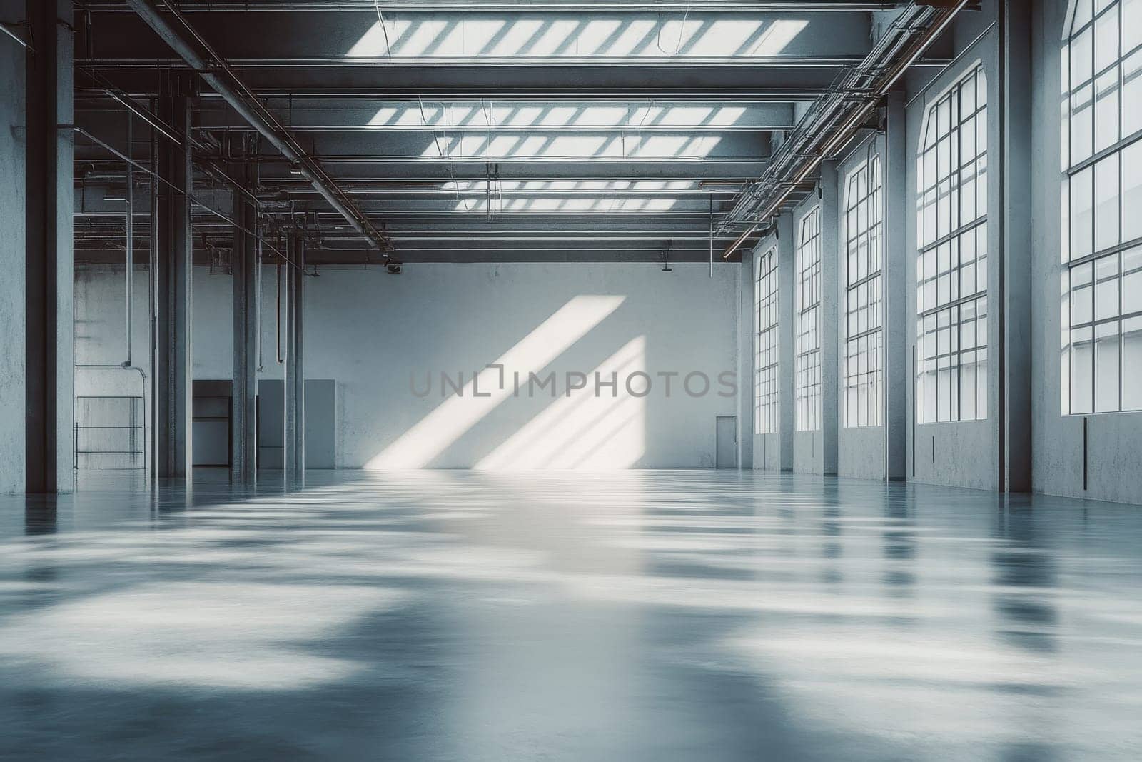 Discover the serene ambiance of an expansive industrial warehouse interior, featuring ample natural light streaming through skylights, enhancing its spacious layout.