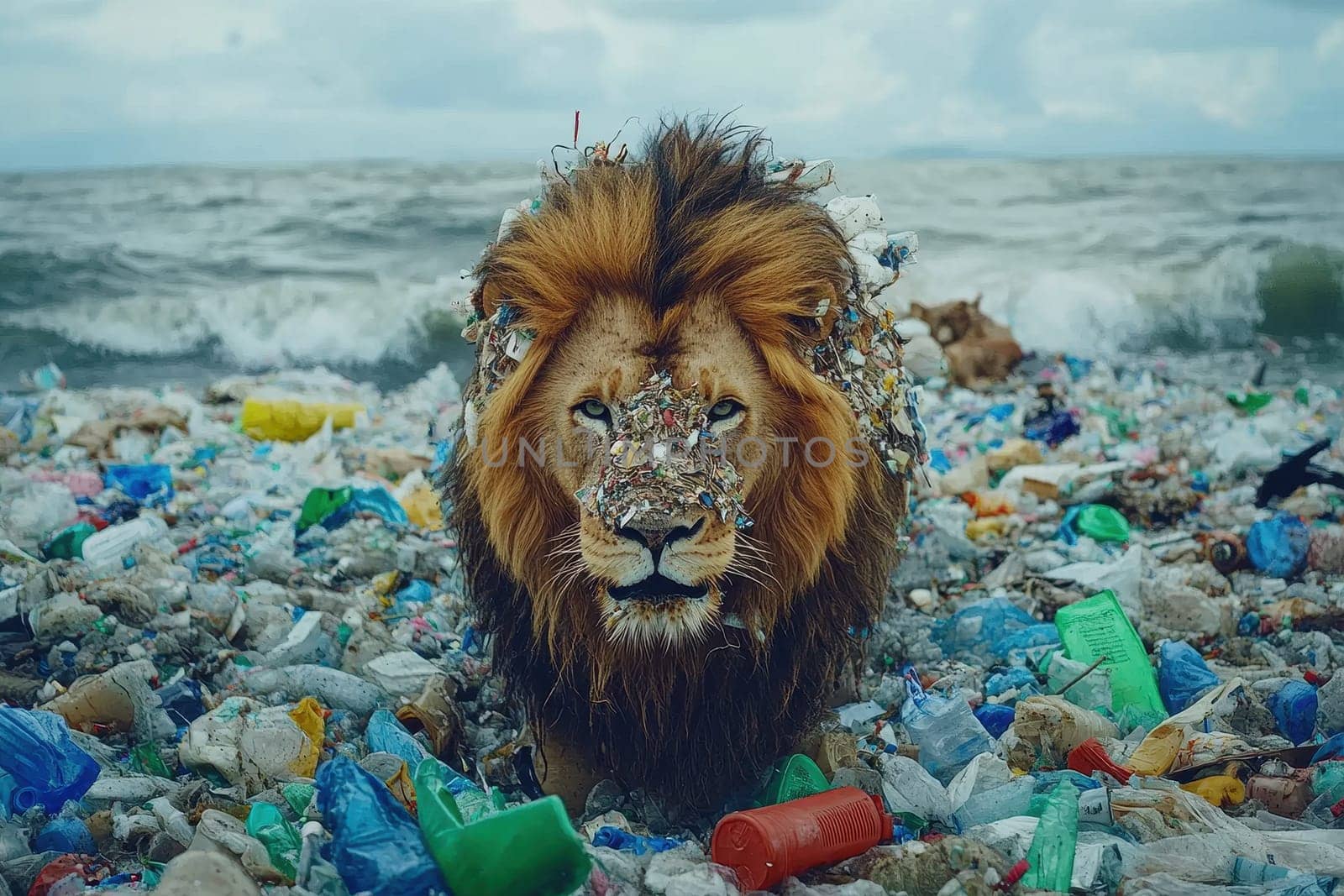 A striking portrayal of a lion made from shredded plastic, set against a polluted beach background. This image highlights environmental issues, aiming to raise awareness about ocean waste and animal conservation.