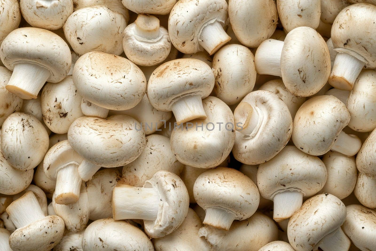 A visually dynamic pile of fresh white mushrooms showcases their unique textures and natural beauty, perfect for culinary uses and healthy dishes.