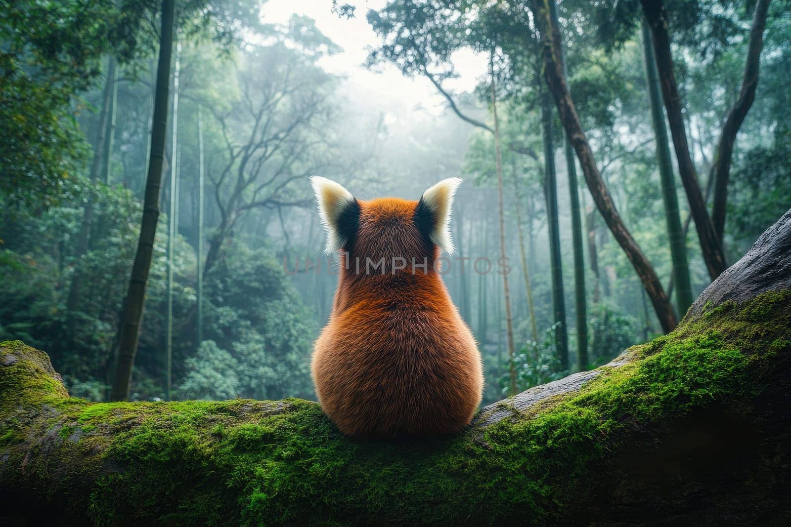 A serene back view of a red panda sitting on a mossy log in a lush green forest. The misty atmosphere enhances the tranquility of this wildlife moment.