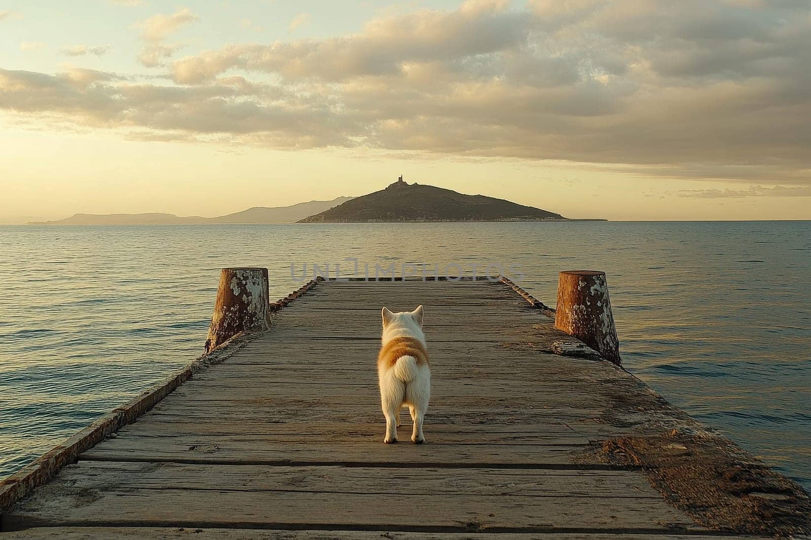 A charming husky puppy stands on a weathered wooden pier, gazing out at the calm waters and a distant island. The serene sunset creates a beautiful backdrop,