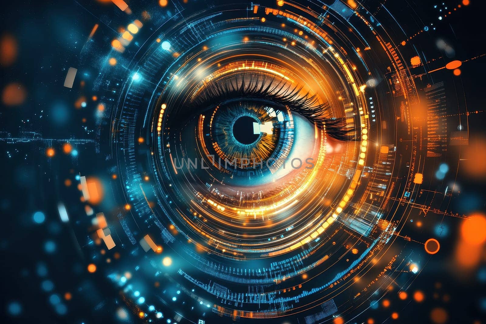 A striking close-up of an eye reflecting a vibrant digital interface, symbolizing the future of hiring and recruitment. The image captures the intersection of technology and human observation, perfect for showcasing innovation in recruitment.