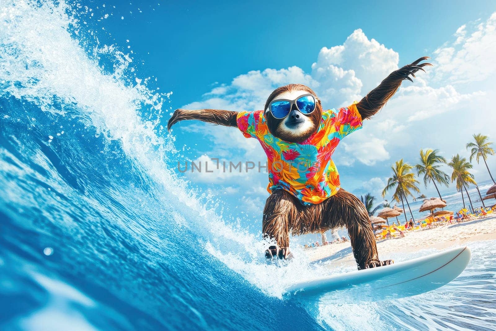 A lively sloth catches a wave on a surfboard while wearing a colorful summer shirt and cool sunglasses. This fun beach scene captures the joyful spirit of summer.