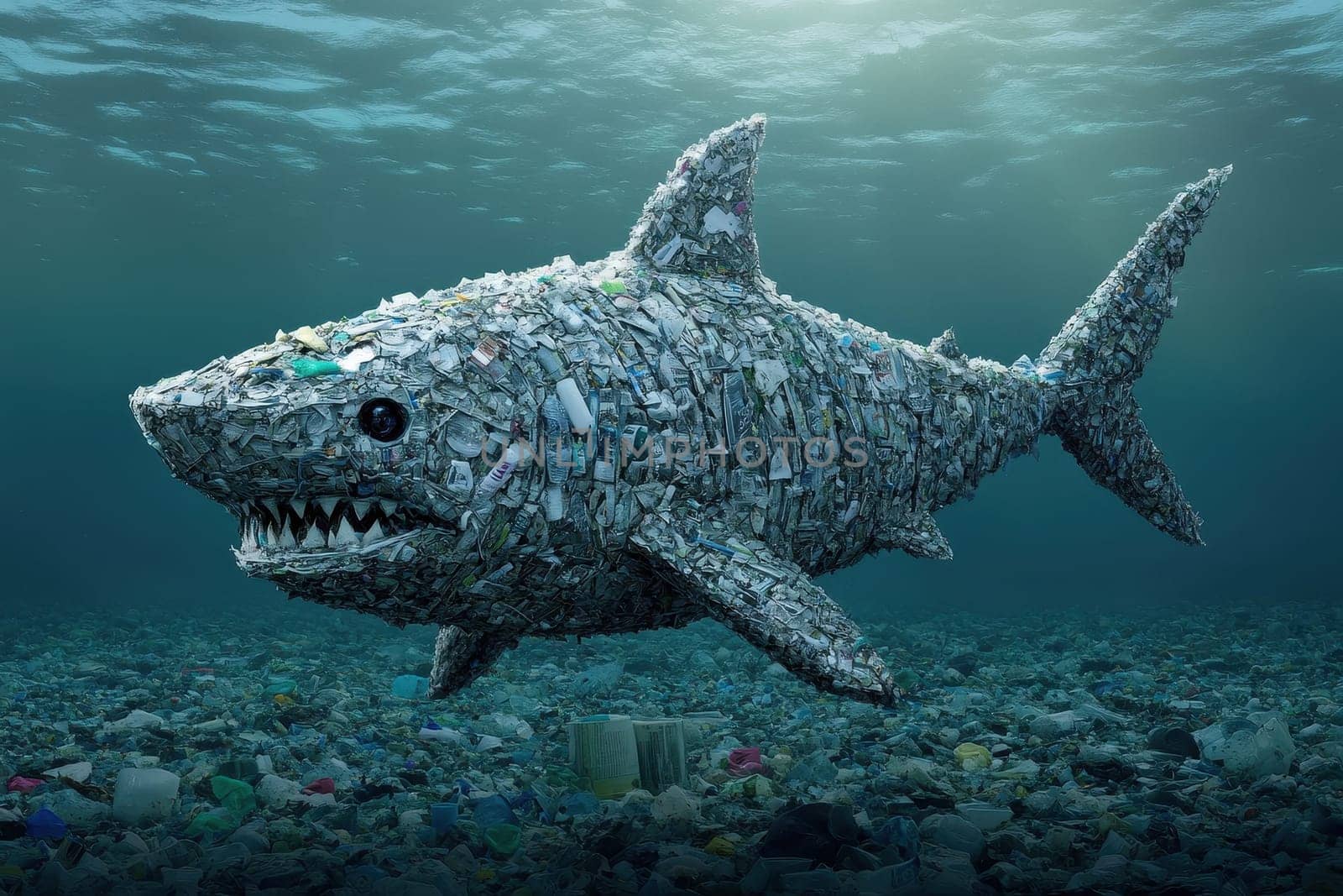 This striking image depicts a menacing shark crafted from plastic wrappers, highlighting ocean pollution and the urgent need for environmental awareness.
