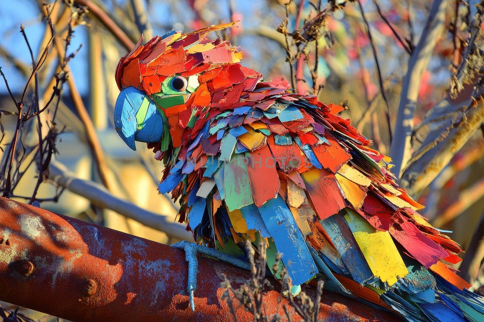 This vibrant parrot sculpture, crafted from colorful plastic pieces, showcases a unique artistic vision, blending wildlife and creativity in an engaging outdoor setting.