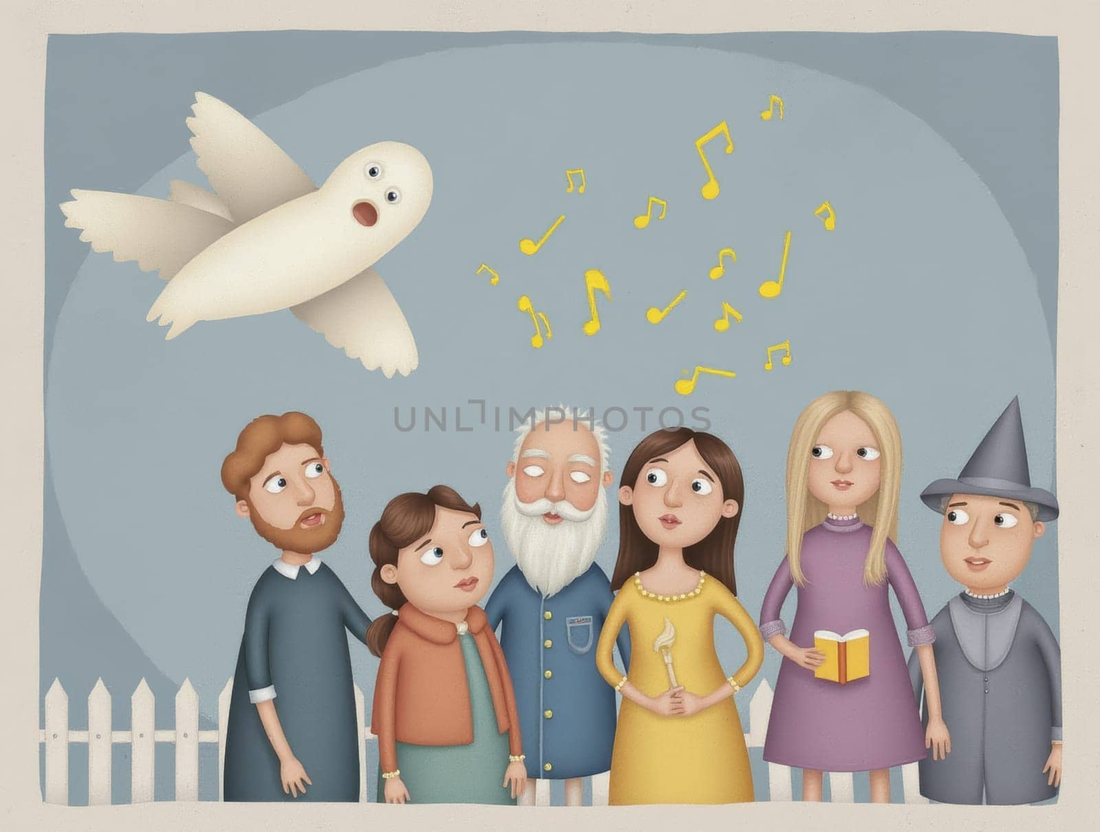 A delightful illustration shows a ghost singing above a family of diverse ages and appearances. The group appears to be listening attentively. Musical notes float around the ghost's figure.