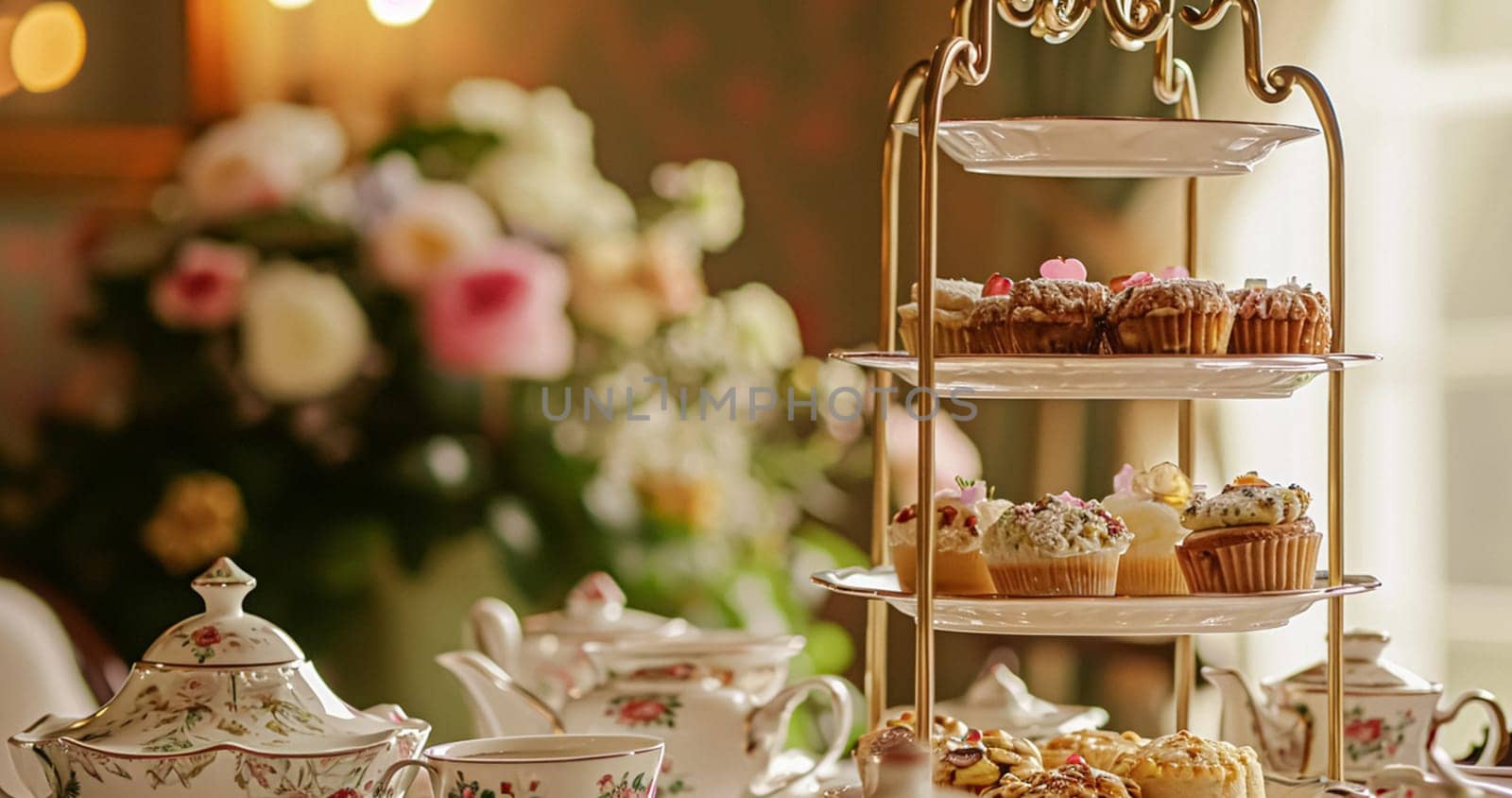Elegant table setting for tea party with cakes and cupcakes in English manor. Selective focus. Vintage style