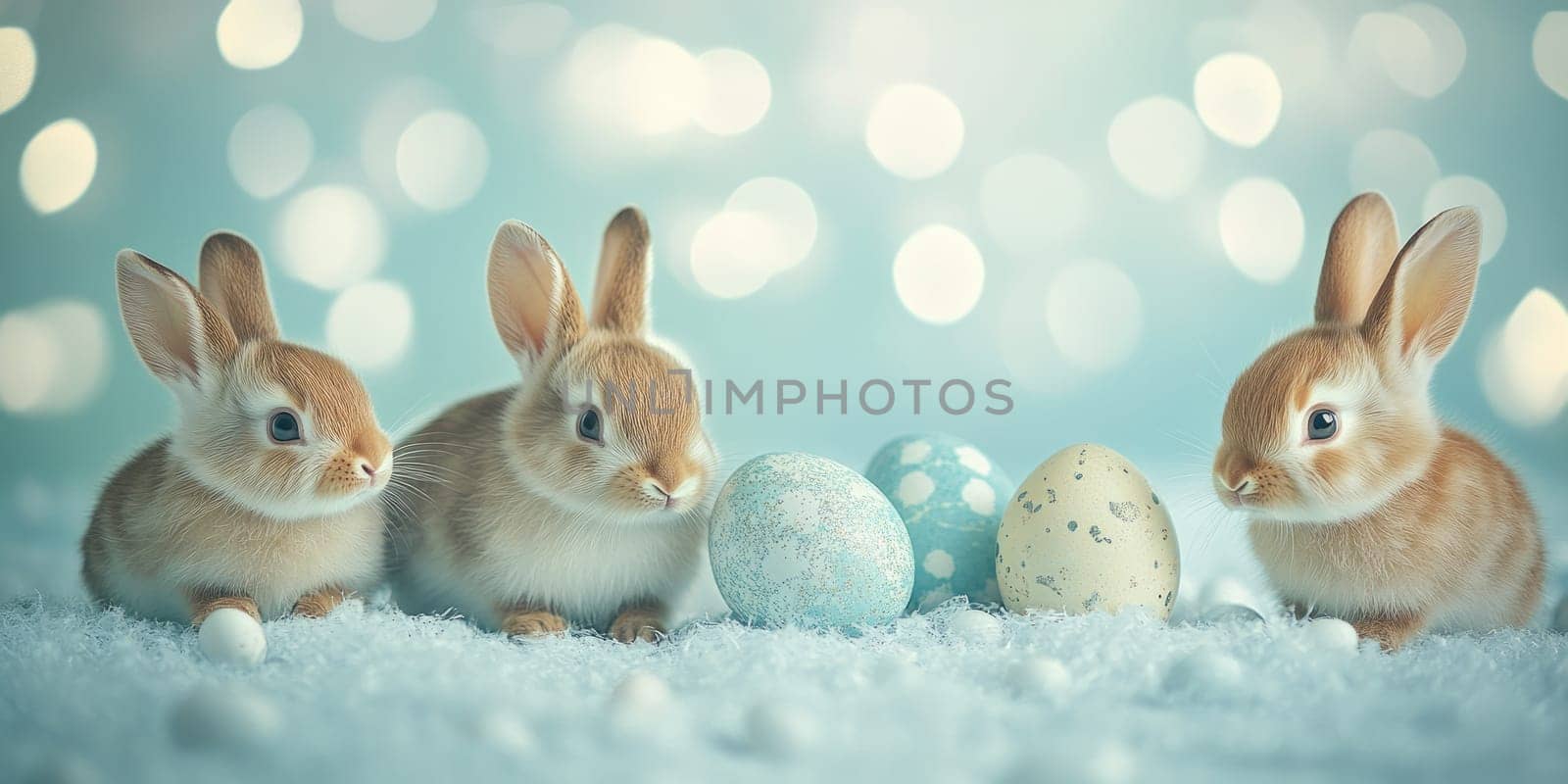 Cute baby bunnies with decorative eggs on soft blue sparkling background for Easter festivities.